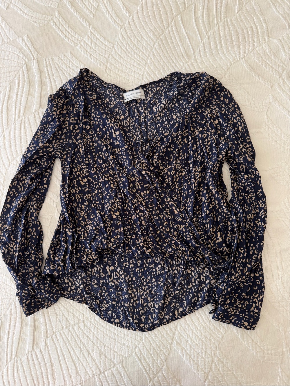 Urban Outfitters Navy and Beige Leopard-Print Wrap Blouse